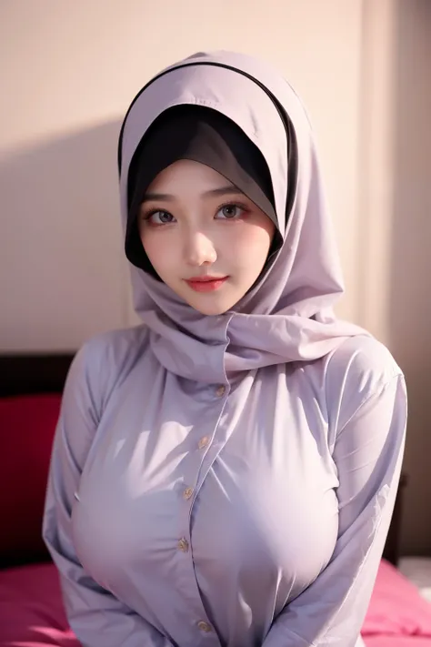 cute girl with huge breast, beautiful eyes, korean face, big breast, breast under cover, wearing hijab with niqab, wearing niqab, cute hijab, niqab, wearing outfit muslim, long sleeve, long shirt, high quality, perfect hand, bed, left shots