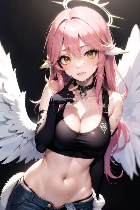 jibril, BREAK jibril, angel, angel wings, collar, animal ears, bird ears, compass rose halo, belly button, feathered wings, feathers, gradient hair, halo, long hair, low wings, multicolored hair, pink hair, symbol-shaped pupils, breast tattoos, shoulder ta...