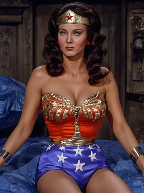 Wonder Woman porn by Linda Carter, full body photo, , , Bikini Costume, thin and sexy stomach 、Perfect belly , Spread legs, Lying on a bed with dark blue satin sheets , ((( open your eyes, open your mouth, Glossy Lips ))), Lies on Sheets 、 face d...