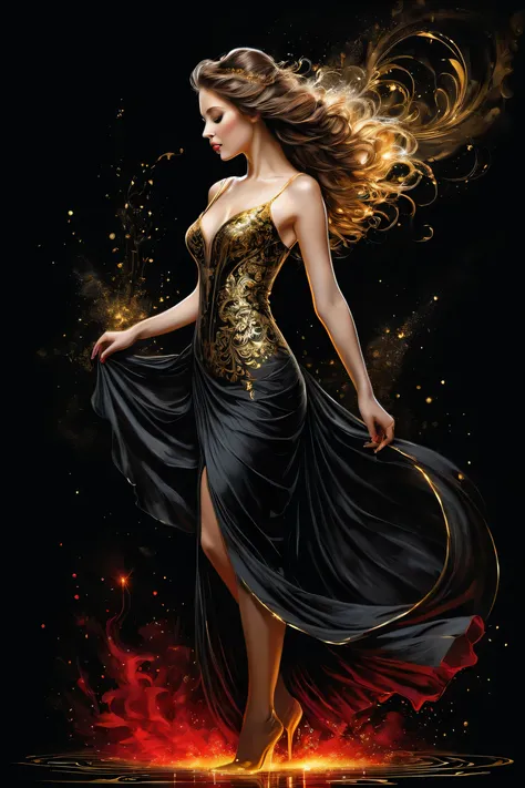 poster, full body,  Shadow art , red outline drawing on a dark  black background,  red light from behind ,  red contour silhouette ,  flowing hair , "(Beautiful silhouette (young) ),  perfect physique ,  slender graceful shapes ,  charming modesty  , ( shy...