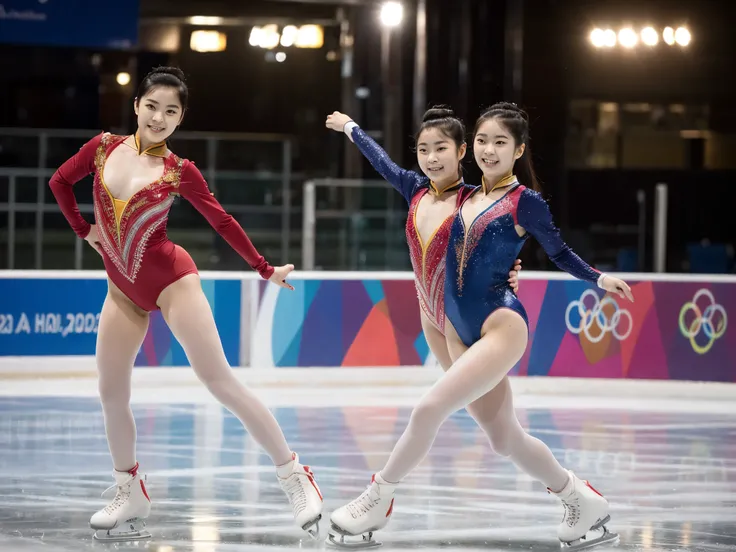 2heads, highly detailed, best resolution, two-headed girl, age 22, Chinese, beautiful, black hair, pale skin, Olympic figure skater, on an ice rink, ice skating, wearing her country's colors,