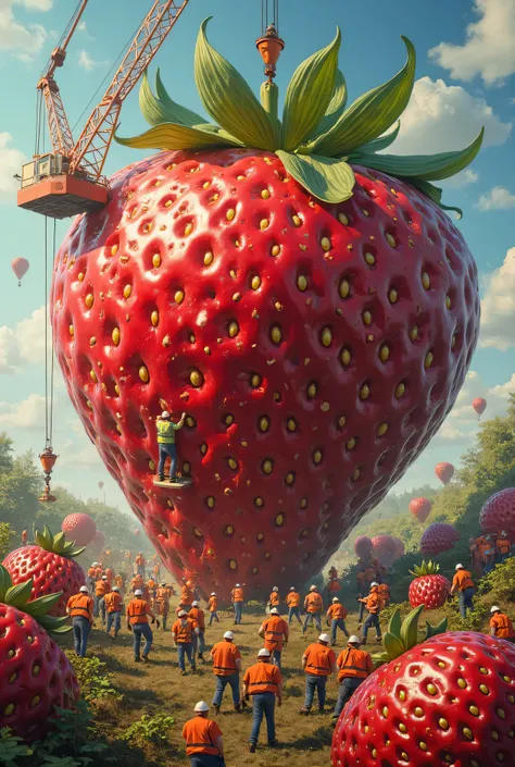 Okay, here's a revised prompt:

A highly detailed, photorealistic depiction of a massive strawberry, larger than a house, with dozens of workers in safety gear harvesting it. The entire scene is contained within the strawberry, with the workers moving thro...