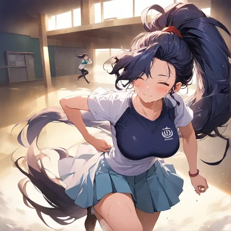 4K Ultra HD, better quality, shoes.
 Crie um design.. Keep the position and size of your breasts, put on a pretty girl with long hair.. Student president banner on the arm, physics uniform, And slightly sweaty, Drips of sweat on the neck too, ponytail,  bi...