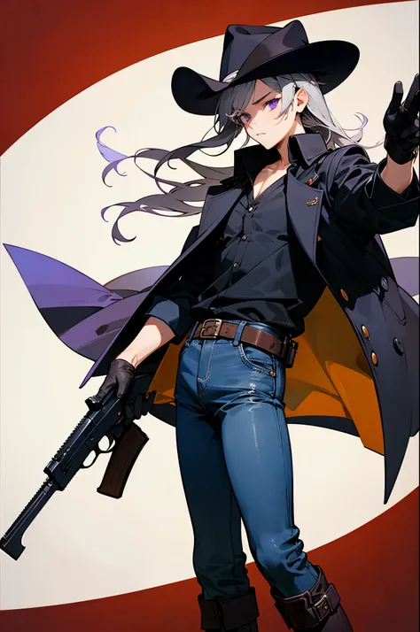 (masterpiece, best quality:1.2) best quality, boy design, long gray hair, focused look, purple eyes,  black cowboy hat, black tight shirt, brown Duster coat, black gloves, blue jeans, western black boots, black cowboy holster,  2 guns, holding guns in hand...