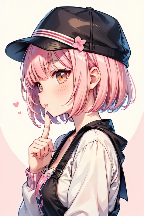 

The picture is close to her profile.

She has fresh cream on her cheeks and mouth.
He licks the fresh cream on his finger with his tongue.
She looks at me.

An anime-style girl has pink hair,straight short bob Hair, pink hair and brown eyes.