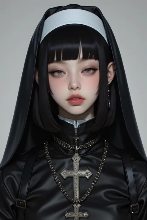 (1 girl, french bob black haircut, ,,, nun girl attire, oily skin, blush,wet skin
