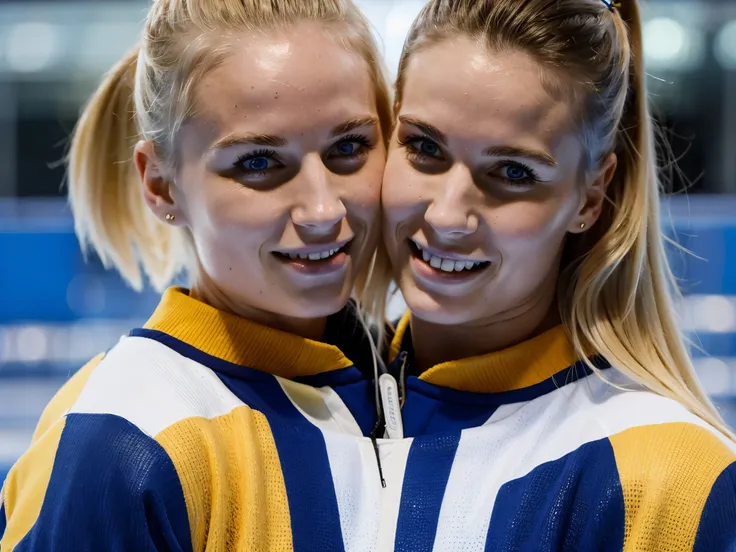 2heads, highly detailed, best resolution, closeup, two-headed girl, age 22, Swedish, beautiful, blonde, pale skin, Olympic ice hockey player, on an ice rink, playing hockey, wearing her country's colors,