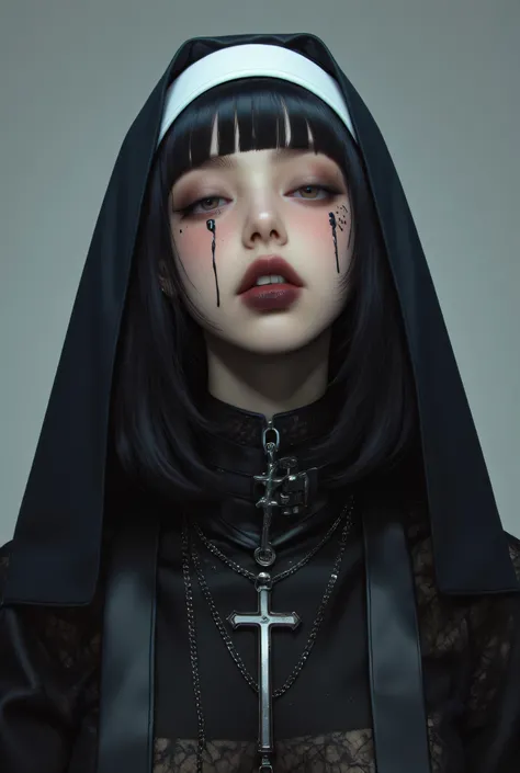 (1 girl, french bob black haircut, ,,, nun girl attire, oily skin, blush,wet skin, jennie kim, black lips