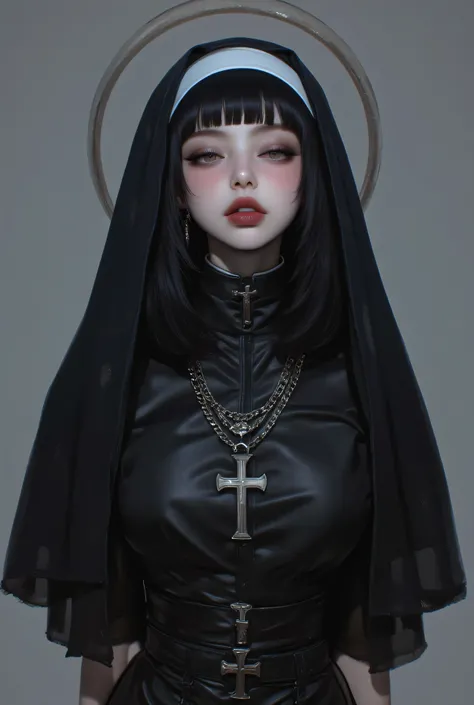 (1 girl, french bob black haircut, ,,, nun girl attire, oily skin, blush,wet skin, jennie kim, black lips
