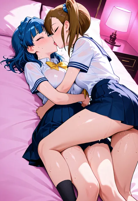  The Idolmaster,2girl ,(Futami Mami and Nanao Yuriko are hugging and kissing while entangling their legs on the bed),hotel bed,(high school uniform,pleated skirt),(((sweat))),wet,big breasts, entangle your tongue ,(with closed eyes),(beautiful girl:1.3),ma...