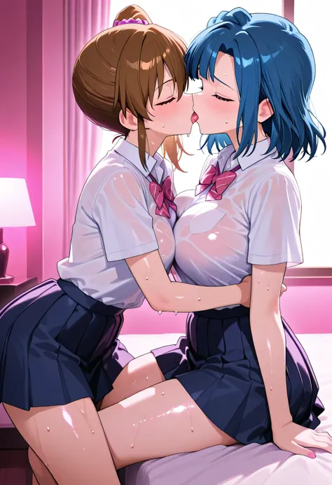  The Idolmaster,2girl ,Futami Mami and Nanao Yuriko are hugging and kissing while entangling their legs on the bed,hotel bed,(high school uniform,pleated skirt),(((sweat))),wet,big breasts, entangle your tongue ,(with closed eyes),(beautiful girl:1.3),mast...