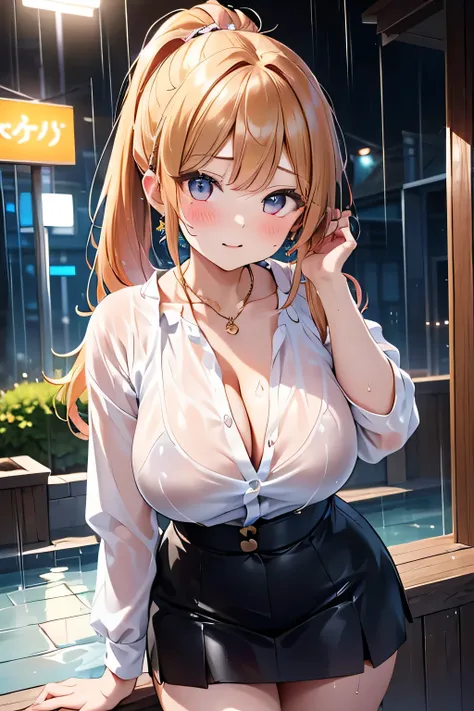 40 year old mature woman visiting an apartment,An entrance with an open door、(Woman getting wet in the rain:1.3)、 Rain moistening the whole body 、A shirt with a see-through chest、 Open Shirt、 skirt 、Wet Face, Wet Skin 、 wet body、 wet costume、 wet hair、((( ...