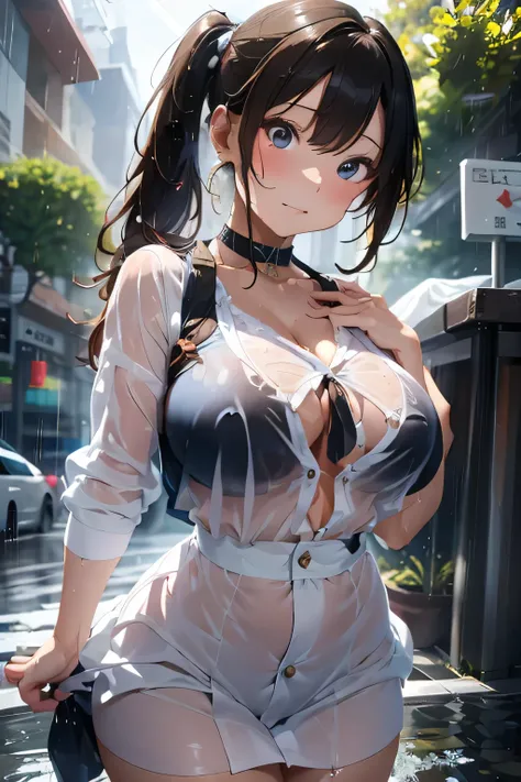 40 year old mature woman visiting an apartment,An entrance with an open door、(Woman getting wet in the rain:1.3)、 Rain moistening the whole body 、A shirt with a see-through chest、 Open Shirt、 skirt 、Wet Face, Wet Skin 、 wet body、 wet costume、 wet hair、((( ...