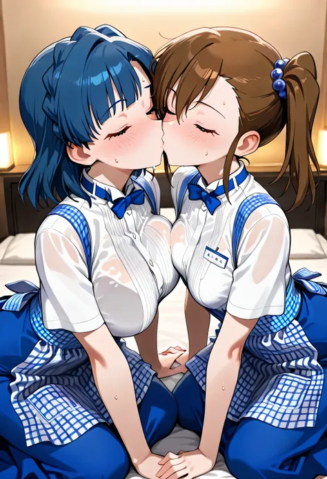  The Idolmaster,2girl ,Futami Mami and Nanao Yuriko are kissing on all fours,hotel bed,kobeya uniform,blue bow, blue bowtie, white shirt, short sleeves, blue skirt, Blue apron, gingham apron, employee uniform, high-waist skirt,,((sweat)),wet,big breasts,Bi...