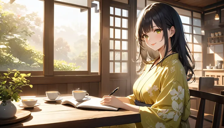 A highly detailed and ultra-realistic digital painting of a tranquil Japanese café bathed in the gentle light of morning. A beautiful woman with long, flowing black hair sits by the window, gazing softly at the viewer with a warm and inviting expression. H...