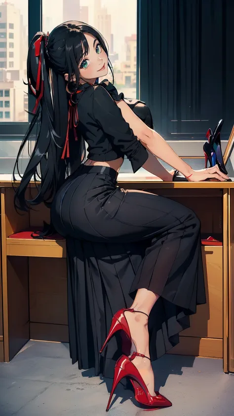 ((masterpiece, high resolution, better quality, better details)), ((Smiling)), ((one girl)) a girl sitting in the office, full body, maxi skirt, long skirt, ((long skirt without openings)),((louboutin high heels)), green eyes , ((black hair, long hair)), s...