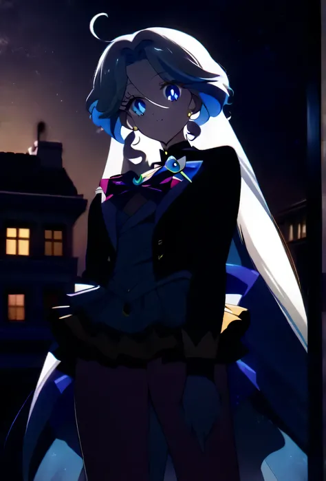 Furina anime style With a costume very similar to that of " seilor moon ", has white and blue hair, blue eyes, white skin, labial azul, Un simbolo de luna como el de seilor moon en la Frente de color Amarilla, beautiful eyelashes, Moon Earrings in Her Ea...