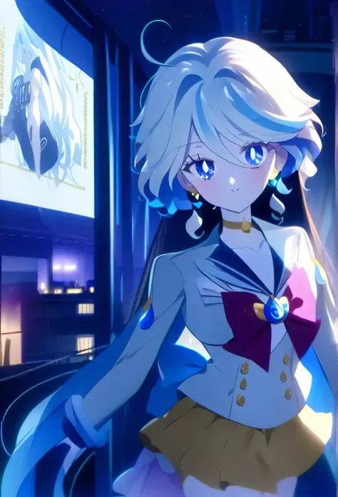 Furina anime style With a costume very similar to that of " seilor moon ", has white and blue hair, blue eyes, white skin, labial azul, Un simbolo de luna como el de  seilor moon  en la Frente de color Amarilla, beautiful eyelashes, Moon Earrings in Her Ea...