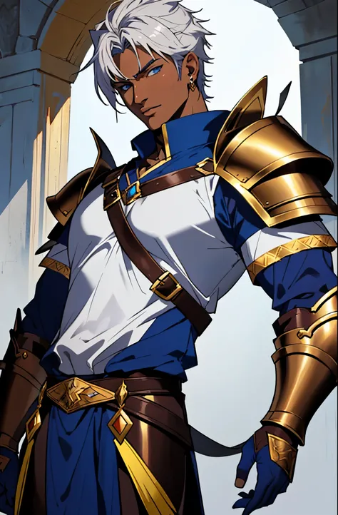 ((Masterpiece)) ((Best quality)) male focus, solo, portrait, ottoman turkish warrior, 1 mature male, fantasy, (muscular 2.0), (dark skin 2.0),  white short hair, detailed blue eyes, (pride), fantasy armor, shoulder armor, no background, 8k