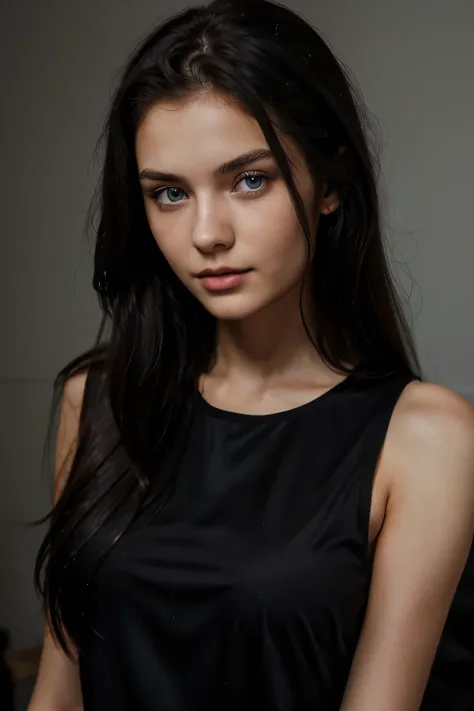 24-year-old Russian female super model with long black hair, blue eyes wearing black pajamas sleeveless shirt, Well lit looking at the camera focusing on the face.