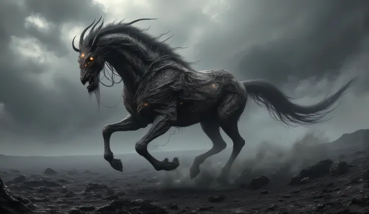 A demonic creepy centaur. He has a medieval battle axe in his hand. He rides through the creepy Mongolian steppes. the black earth. The sky is full of clouds. horror