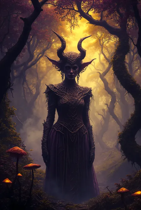  Dark fantasy concept art. Medium shot. A powerful sorceress stands amidst a mystical, ancient forest, surrounded by twisted, gnarled trees. Low angle shot. Greg Rutkowski style, with intricate, organic details. Soft, ethereal glow emanates from luminescen...