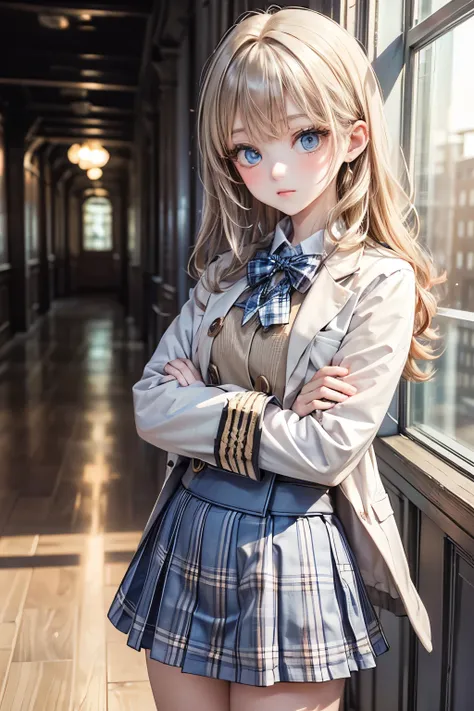 (masterpiece),(Highest quality:1.2),((perfect anatomy)),(( cross your arms a little)),(1 girl),(flat chest),Highest quality,(royal blue white plaid mini skirt:1.3),(uniform, short jacket ),( long pink gold hair), beautiful detailed blue eyes ,(((beautiful)...