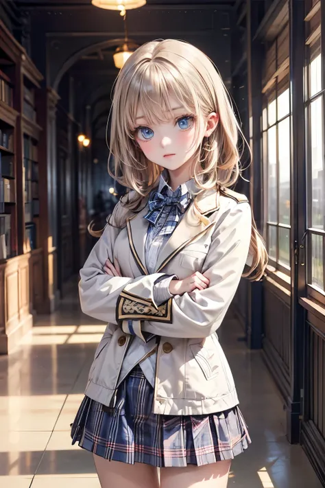 (masterpiece),(Highest quality:1.2),((perfect anatomy)),(( cross your arms a little)),(1 girl),(flat chest),Highest quality,(royal blue white plaid mini skirt:1.3),(uniform, short jacket ),( long pink gold hair), beautiful detailed blue eyes ,(((beautiful)...