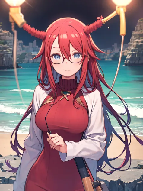 Woman holding a fishing rod、Red color hair、hair between eyes、LONG HAIR、 blue eyes、Big Breasts、smiles、glasses、 upper body、 red sweater、 Rock Field、Seaside、