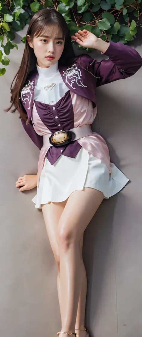 ( High-definition CG),( Highest quality ),(( composition showing the part above the knee)),((dark room background)),((on the bed)),(( 1girl )), perfect face,  shiny skin , wide hips , thin waist, purple bolero jacket,((white skirt)), Long Sleeve  ,  pink b...