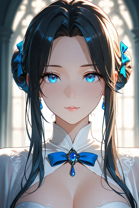 beautiful girl, bow bun hairstyle, dark hair, attractive, top quality, masterpiece, sky blue eyes, priestess outfit, cinematic shot, dark ambience, night time, dynamic pose, mysterious, close up