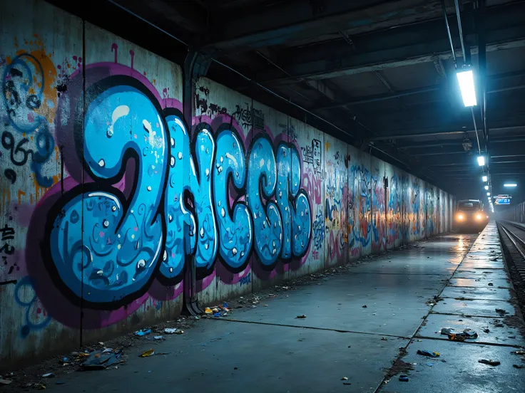 generate an ambient graffiti background in blue colors and a train station, graffiti wall