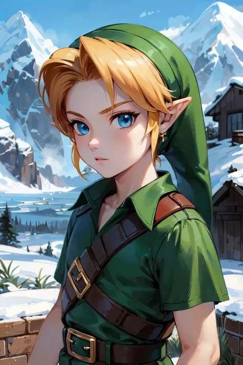 young link, Chico, by rubio, blue eyes, has, pointy ears, ((blue tunic, belt, Boots)), looking at the viewer, outside, mountain, mountain way extreme detail, HdR, beautiful quality, masterpiece, close up, upper body
