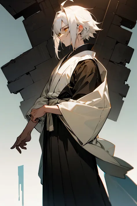 Male + white hair + yellow eyes + white haori decorated + black hakama + solo + ruins background