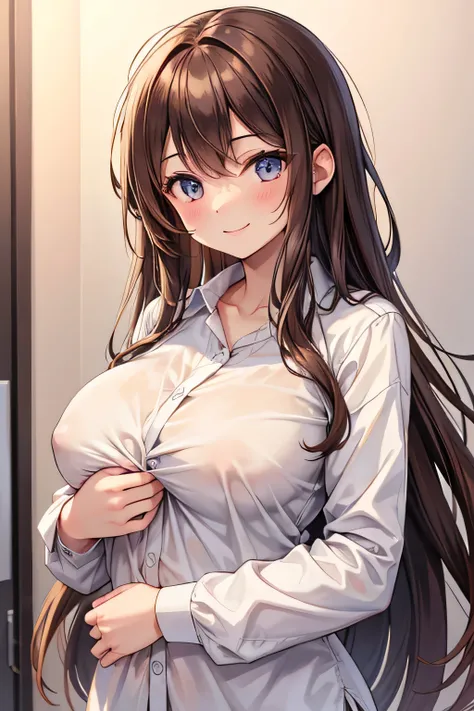 Brown long hair, breast feed, white shirt, little smiling, breast, touch breast, night