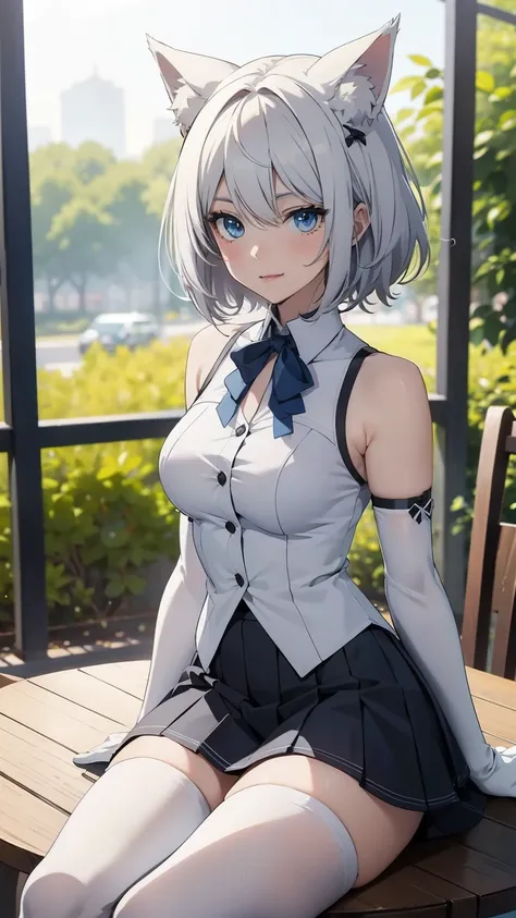 table top High Resolution Highest quality 8k Adult women anime style sit full body white collared shirt( sleeveless) white long gloves ( elbow gloves )(satin) white miniskirt (pleats) white pantyhose() White wolf ears short hair(( shor...