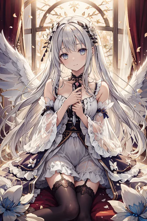the only person,night, in the room,with a shy expression,Little Saints,See-through pajamas, transparent sleeves,obsessed,Petal edge,charming,Light,medium,Sacred decoration,Sacred Patterns,Lace,Ruffles,Extremely Detailed CG 8K Wallpaper,is best, masterpiec...
