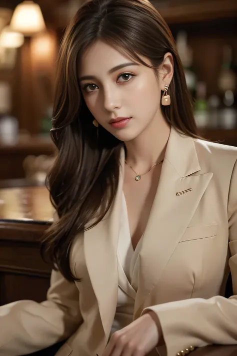 masterpiece, Highest quality, Realistic, Very detailed, Finer details, High resolution, 8k wallpaper, One beautiful woman, Wear a nice suit, In a nice pub, At night, Light brown messy hair, Perfect dynamic composition, Beautiful and beautiful eyes、Big earr...