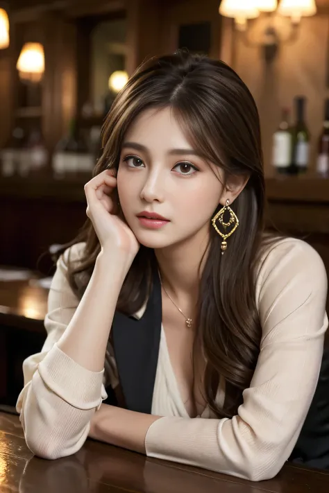 masterpiece, Highest quality, Realistic, Very detailed, Finer details, High resolution, 8k wallpaper, One beautiful woman, Wear a nice suit, In a nice pub, At night, Light brown messy hair, Perfect dynamic composition, Beautiful and beautiful eyes、Big earr...