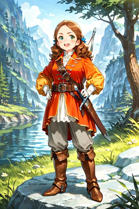 adult halfling, 1girl, female, white skin, short stature, curly brown hair, green eyes, rosy cheeks, wearing a orange caviler era doublet, leather greaves, grey breeches, leather belt with water skin and small sheath,  shortbow and quiver on back, ranger, ...