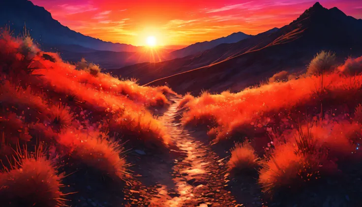 (Single trail illuminated by the sunset, Huge sunset, red, orange color), (Clear sky without clouds), ((highly detailed)), (( sharp focus)), (( bright colors )), ((soft lighting at night)), ((cinematic composition)), (Various iridescent glitter effects), ...