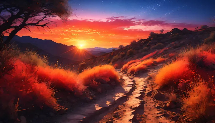 (Single trail illuminated by the sunset, Huge sunset, red, orange color), (Clear sky without clouds), ((highly detailed)), (( sharp focus)), (( bright colors )), ((soft lighting at night)), ((cinematic composition)), (Various iridescent glitter effects), ...