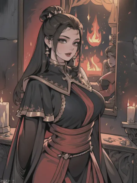 ultra-realistic 4k CG, masterpiece, ((ultra detailed background, fine drawing, intricate details, high detail, fine details of better quality, hyper-detailed face)), (photorealistic: 1.4), beautiful lighting, absurdity, RAW photo, Azula, 1girl, solo, black...