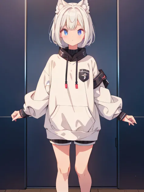 1girl、Only a loose tracksuit top、Rib knit cuffs and hem、vtuber-fullbody、Milky white short hair、