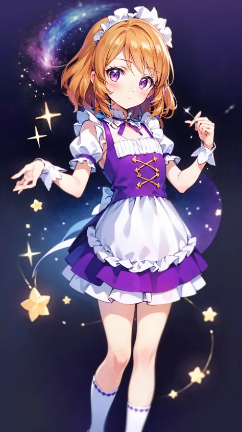 (( top quality,  Hi-Res,  perfect pixels, 16k)), anime style girls， orange hair， medium hair 、  pink eye（large1：4，beautiful detailed eyes），cute maid clothes（Purple）， excellent style，２０ old age，１people， universe ，background， Masterpiece，There is a big death...