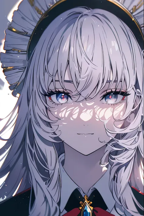 (masterpiece), (High resolution), (perfect face), (Korean beautiful high school), 30 years old, white hair, red tartan check clothes, smile, gazing, standing, watch audience, ((Cabelo longo branco)), ((Cabelos longos e lisos, de cor branca, e olhos azuis b...