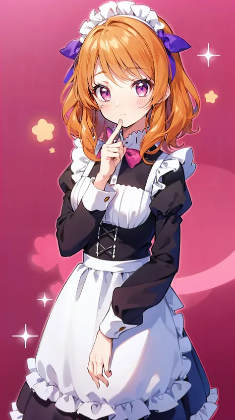 (( top quality,  Hi-Res,  perfect pixels, 16k)), anime style girls， orange hair， medium hair 、  pink eye（large1：4，beautiful detailed eyes），cute maid clothes（Purple）， excellent style，２０ old age，１people， universe ，background， Masterpiece，A grim reaper girl w...