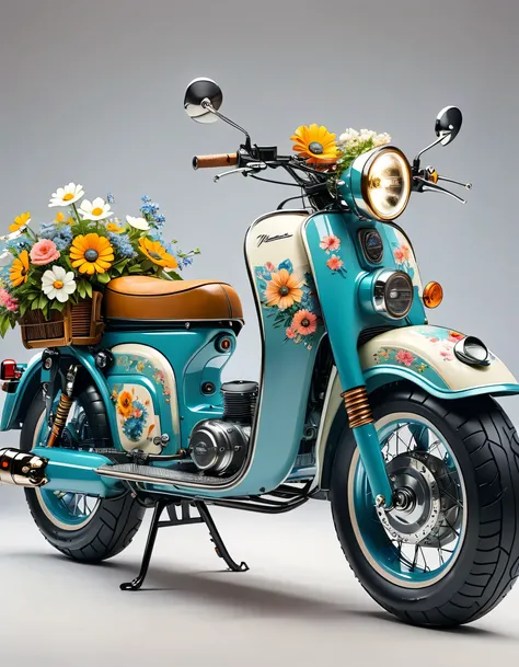 A retro electric motorcycle loaded with flowers, High-quality artworks created by master artists, best quality, Detailed Details