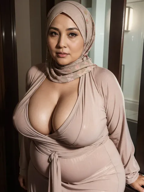 (Realistic) ((Hijab)) (real mature face) 68 Years old fat Brunei mature woman, sexy curvy, (sexy chubby body shape), Big  : 34.9, Gamis, (Breast about To burst out from her clothes, wide cleavage), professional photography with excellent lighting