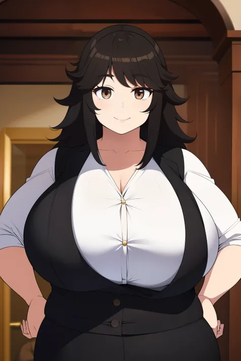 Chubby girl with big breasts black hair brown eyes happy long messy hair smiling elegant black outfit